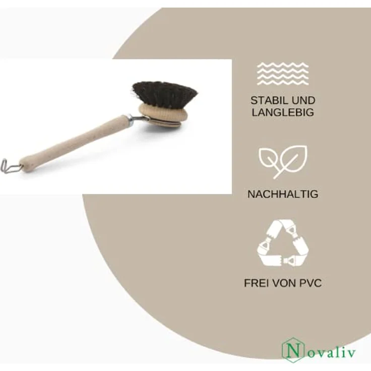 Novaliv Kehrgarnitur 19790-19793x4-1x, 4-teiliges Set mit Spülbürste und 3 Wechselköpfen, Rosshaarborsten, Holz, groß – Bild 3