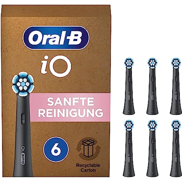 Oral-B iO Sanfte Reinigung Aufsteckbürsten für elektrische Zahnbürste, 6 Stück, Zahnreinigung, Zahnbürstenaufsatz für Oral-B Zahnbürsten, briefkastenfähige Verpackung, Made in Germany, schwarz