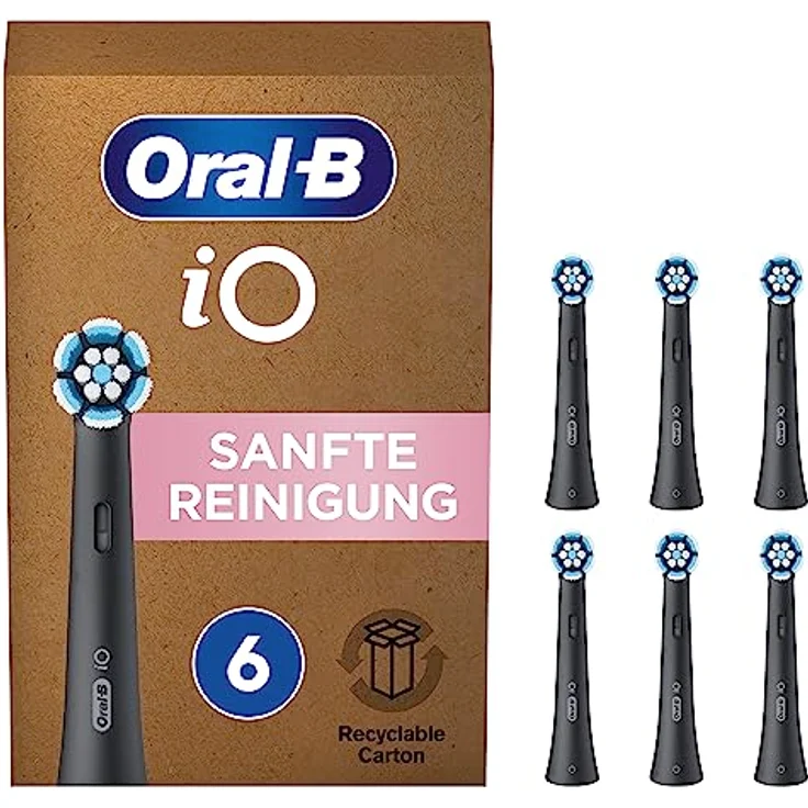 Oral-B iO Sanfte Reinigung Aufsteckbürsten für elektrische Zahnbürste, 6 Stück, Zahnreinigung, Zahnbürstenaufsatz für Oral-B Zahnbürsten, briefkastenfähige Verpackung, Made in Germany, schwarz – Bild 1
