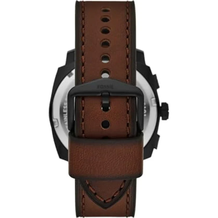 Fossil Herren Analog Quarz Uhr FS6101, 44mm Edelstahlgehäuse, schwarzes Ziffernblatt, braunes Lederarmband, wasserdicht bis 50m, Quarzwerk mit Chronographen-Analoganzeige – Bild 2
