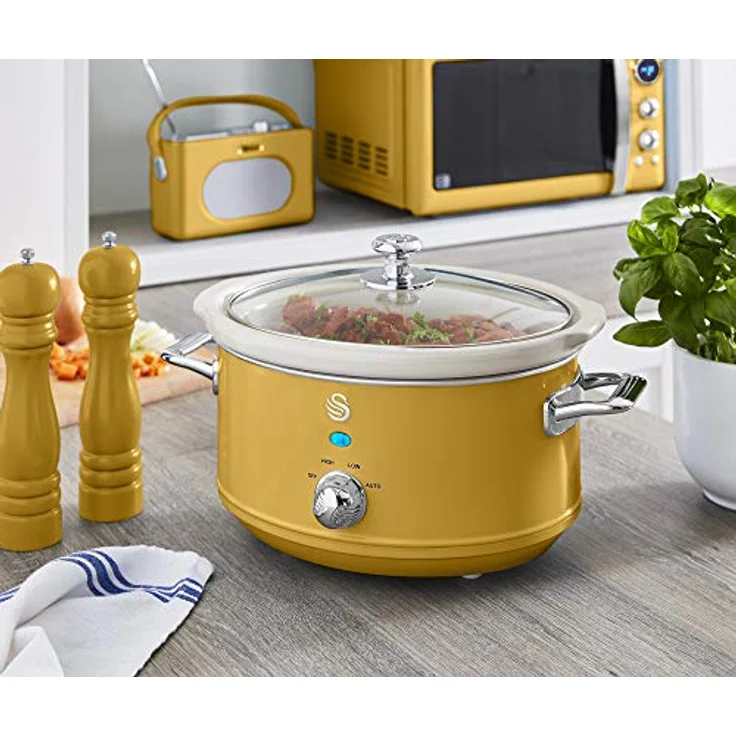 Swan SF17021 Retro Slow Cooker, Schongarer, 200W, 3,5L, 3 Programme, Keramik, oval, gelb – Bild 3