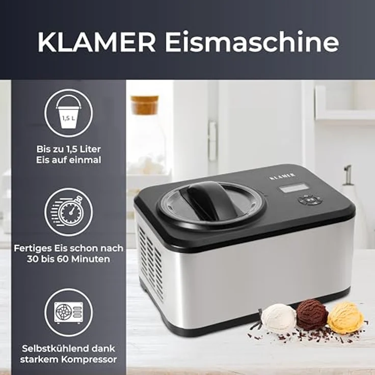 KLAMER Eismaschine 1,5L, 120 W Edelstahl Eiscrememaschine mit Kühlfunktion, selbstkühlender Kompressor – Bild 2