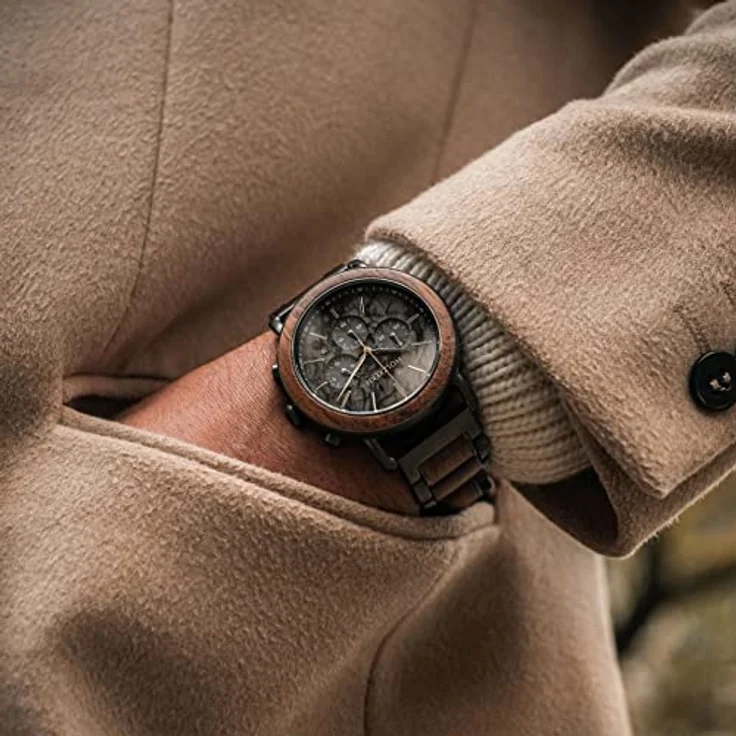 Holzkern Quarzuhr Chronograph Askja, Walnuss/Marmor, Edelstahl, 45 mm, Datumsanzeige, Stoppuhr bis 60 Minuten, spritzwassergeschützt – Bild 4