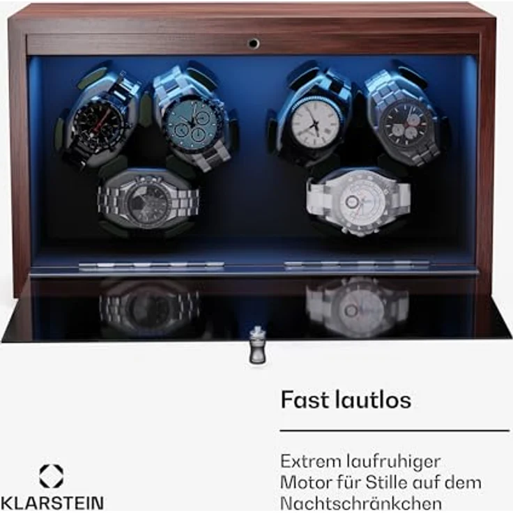 Klarstein Uhrenbeweger Brienz 6, Uhrenbox mit 6 Memory-Schaum-Kissen und blauer LED-Beleuchtung, Walnuss-Look – Bild 4