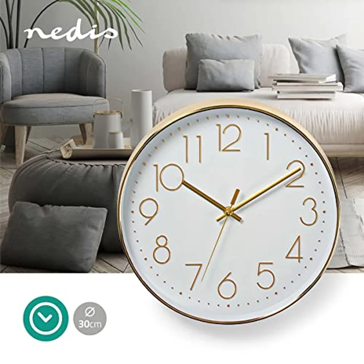 NEDIS CLWA015PC30GD Kreisförmige Wanduhr, Durchmesser von 30 cm, Leicht ablesbare Ziffern, Gold – Bild 2