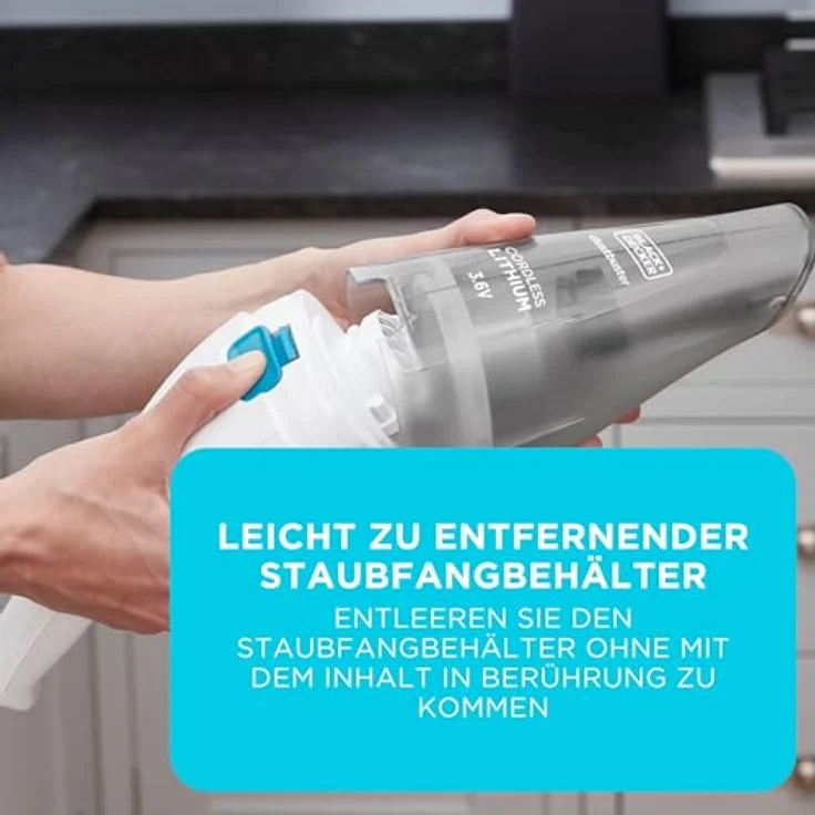 Black+Decker Akku-Handstaubsauger Dustbuster (3,6V Lithium, Handsauger beutellos + kabellos, breite Saugöffnung, Abnehmbarer Staubfangbehälter, inkl. Ladekabel) NVC115JL – Bild 4