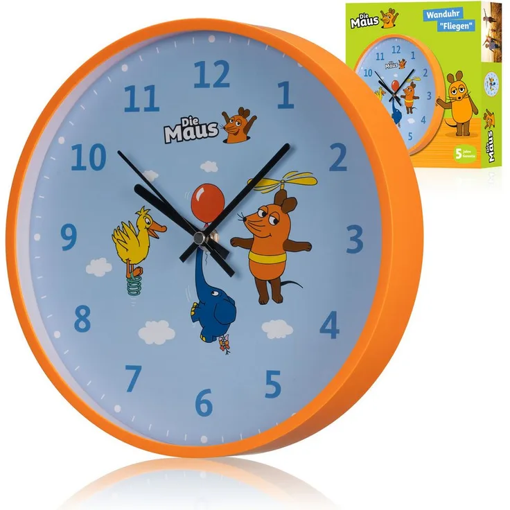 Die Maus DieMaus Kinder-Wanduhr mit leisem Quarz-Uhrwerk, 25 cm Durchmesser, für Kinder ab 6 Jahren
