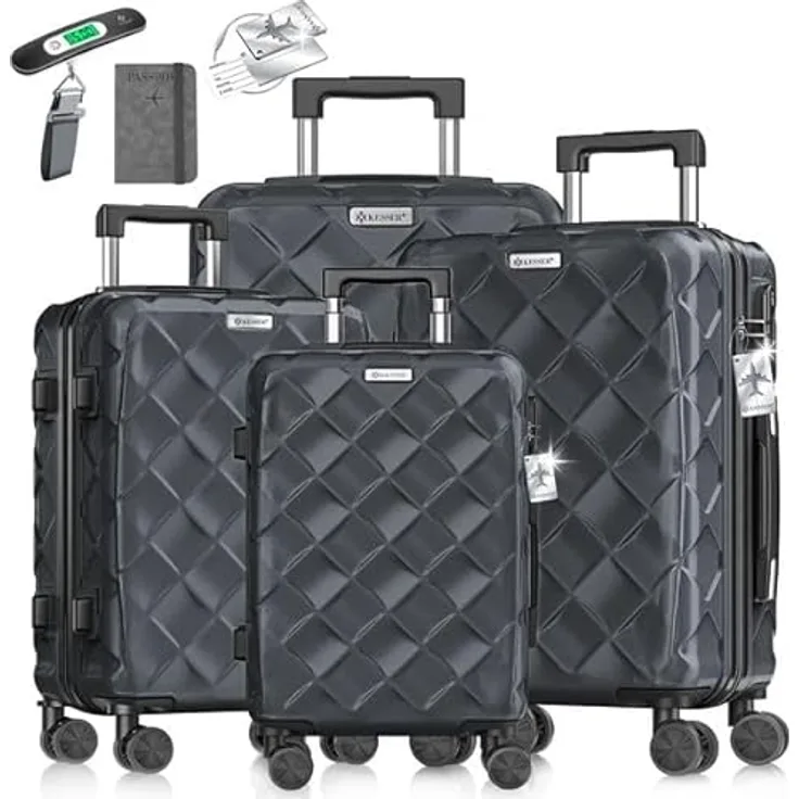 KESSER® Reisekoffer Set 4-teilig, ABS Hartschalenkoffer mit Zahlenschloss, Kofferwaage & Reisebrieftasche, 360° Rollen, Handgepäck & große Koffer, Trolley Charcoal