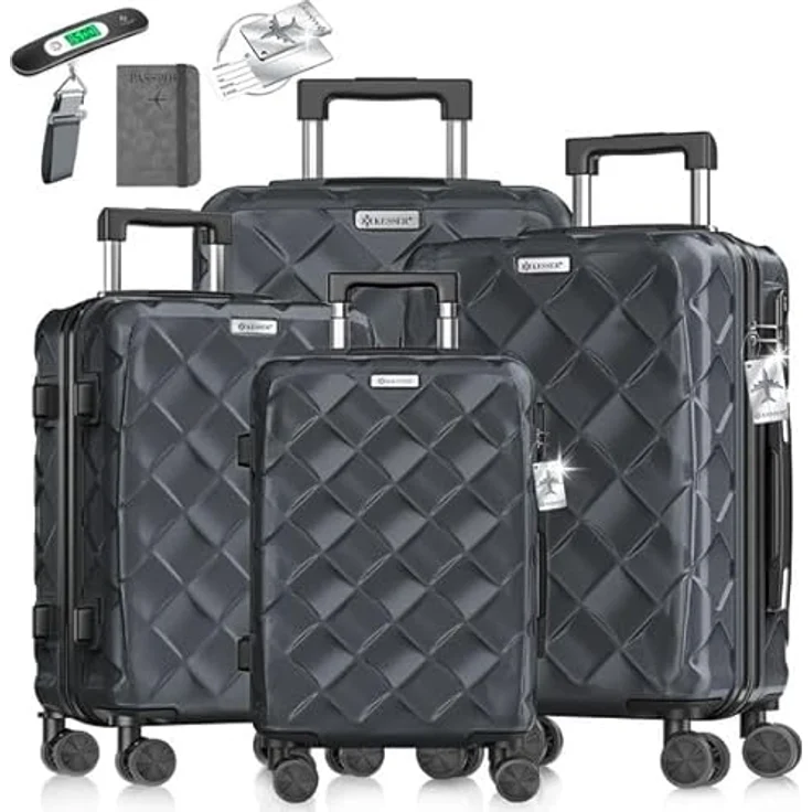 KESSER® Reisekoffer Set 4-teilig, ABS Hartschalenkoffer mit Zahlenschloss, Kofferwaage & Reisebrieftasche, 360° Rollen, Handgepäck & große Koffer, Trolley Charcoal – Bild 1