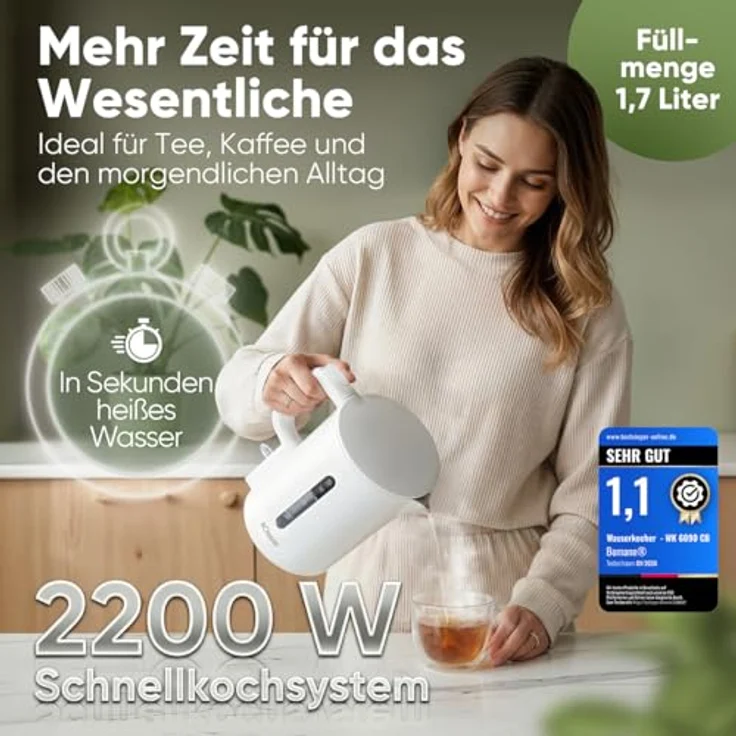 Bomann Wasserkocher WK 6090 CB, 1,7L, 2200W, BPA frei, Einhandbedienung, Wasserstandsanzeige, Überhitzungsschutz, weiß – Bild 2