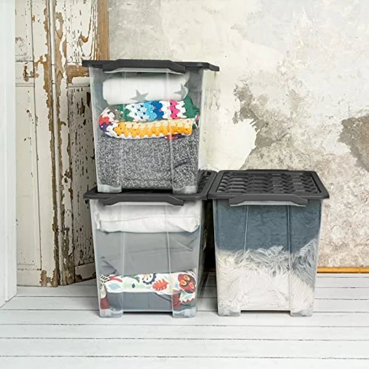 Rotho Evo Safe Keeping, 3er-Set Aufbewahrungsbox 65l mit Deckel, lebensmittelechter Kunststoff, transparent/anthrazit, stapelbar, mit 4 Rollen – Bild 2