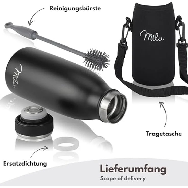 Milu Edelstahl Trinkflasche 350ml – Thermosflasche für Kinder und Erwachsene, auslaufsicher, isoliert, kohlensäuregeeignet, Schwarz, inkl. Reinigungsbürste – Bild 5