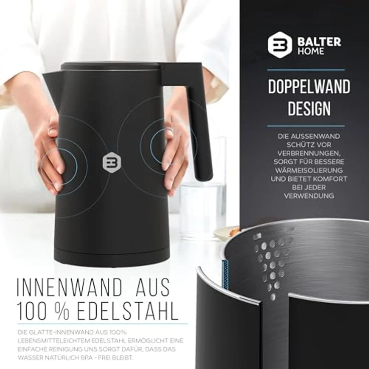 Balter Edelstahl Wasserkocher WK-5-Touch mit Temperatureinstellung, 40°C-100°C, Doppelwand, BPA frei, 1,7L, Schwarz – Bild 4