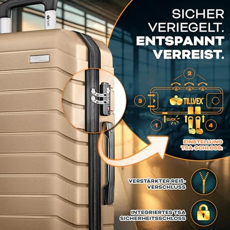 tillvex® Reisekoffer Set 3-TLG. Hartschalenkoffer mit TSA Schloss, 4 Rollen, inklusive Gepäckwaage, 6 Koffergurten & 3 Kofferanhängern, S-M-L-XL (Champagner) – Bild 4