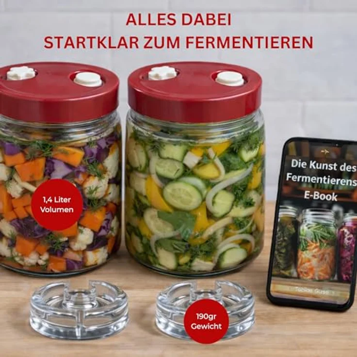 GREEN WISE GÄRMEISTER Fermentierglas Set 2er, 1,4 L mit Gärventil & Deckel, inkl. 2 Fermentiergewichte und 7-teiliger Videokurs für Gemüse, Sauerkraut & Kimchi – Bild 4
