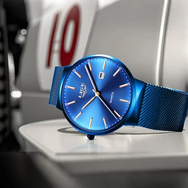 LIGE Herren Uhr Blau, Analoge Quarz-Armbanduhr mit Roségold-Zeigern, Kalender und Edelstahl-Gitterband, 3ATM wasserdicht, Luxus für Business und Freizeit – Bild 3