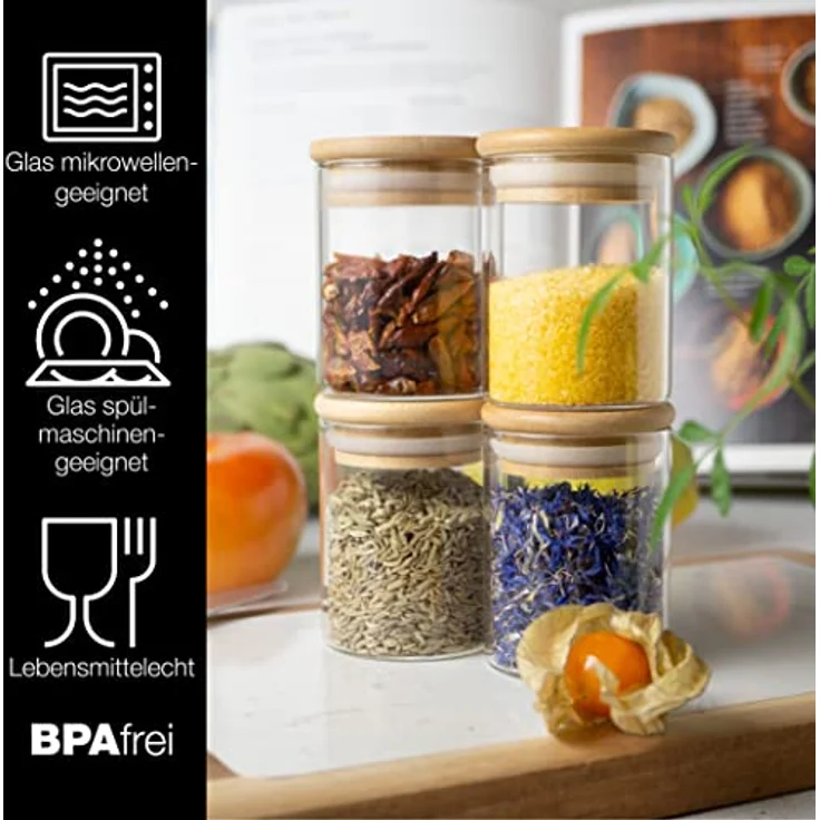 Moritz & Moritz Gewürzgläser Set, 12x 125 ml mit Bambusdeckel, inkl. 24 Tafelsticker & Kreidestift, bruchsicher und spülmaschinenfest, transparent – Bild 3