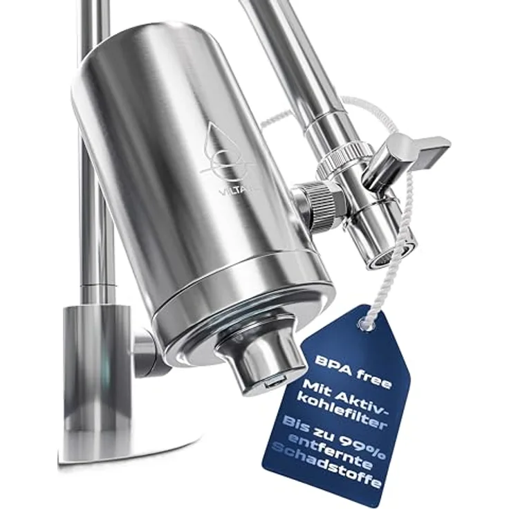 VILTARO Wasserhahnfilter, BPA-frei, Edelstahl, Aktivkohlefilter, 3000 l Kapazität, 2 Cent/l