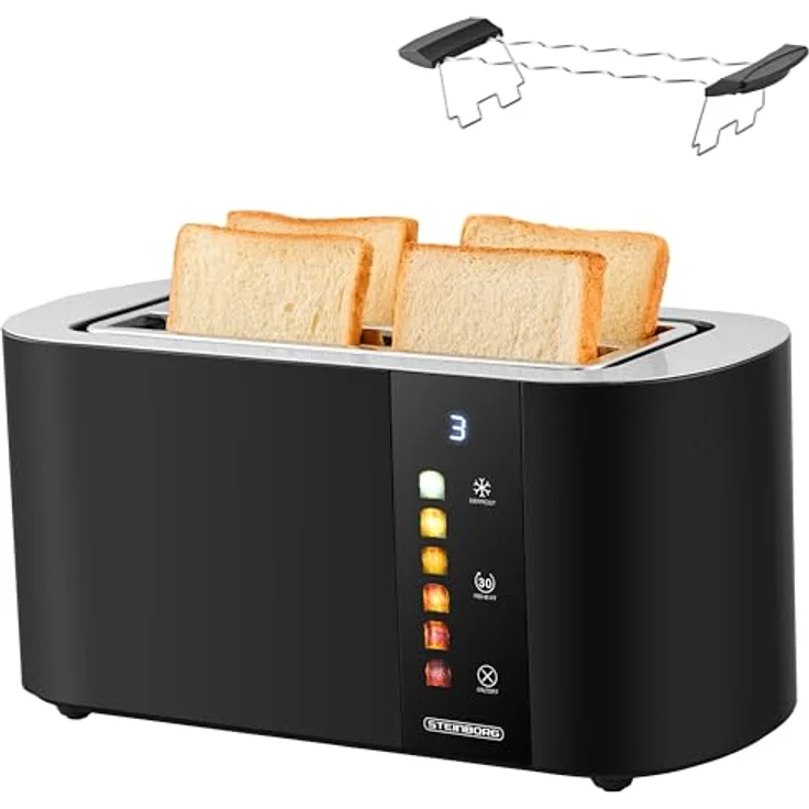 Steinborg® Langschlitz-Toaster 4 Scheiben, Automatik mit Brötchenaufsatz, Cool-Touch Edelstahl, digitales Display, selbstzentrierende Führung, Restzeitanzeige, automatische Abschaltung – Bild 1