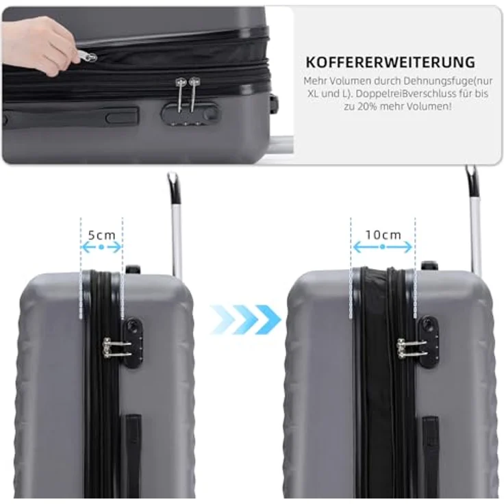 BEIBYE Kofferset, Hartschale Trolley Reisekoffer mit 4 Zwillingsrollen, 360° System, integriertes Sicherheits-Zahlenschloss, Größe M (55x34x22cm) in Dunkelgrey – Bild 2