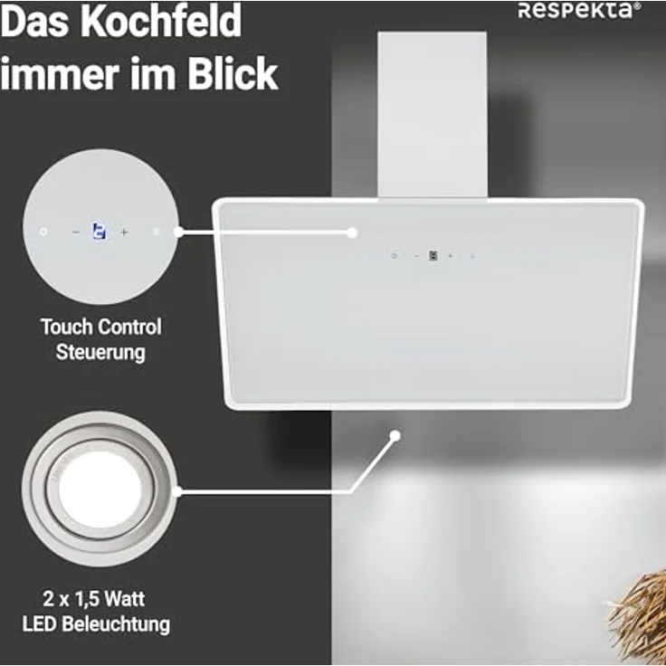 Respekta Schräghaube Lora 90 cm, Dunstabzugshaube in Weiß, EEK A++, 207,2 m³/h Luftstrom, Touch Control, LED-Beleuchtung – Bild 4