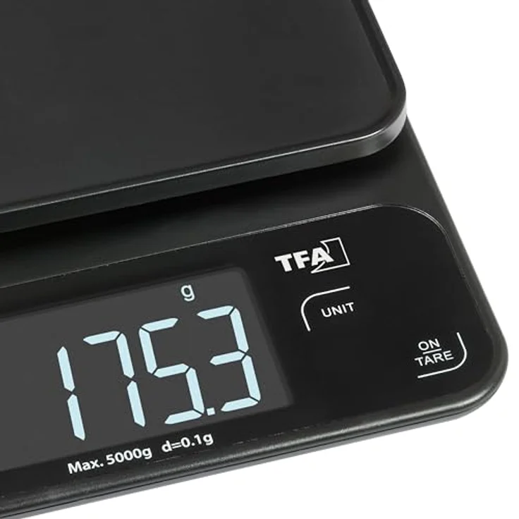 TFA Dostmann Digitale Küchenwaage Cookie 50.2009, bis 5kg, mit Tara-Funktion und beleuchtetem LCD-Display, flach & kompakt, schwarz – Bild 3