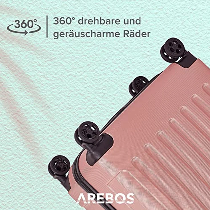 Arebos 4tlg. Hartschalenkofferset I ABS-Hartschale I Trolley Kofferset I Reisekoffer mit Teleskopgriff I Inkl. Reißverschluss-Schloss, 360° Rollen I Reisekofferset S-M-L-XL | Rosé-Gold – Bild 4