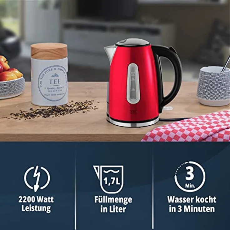 KHG Wasserkocher WK-1707 MRE, Edelstahl rot, 1,7 Liter, 2200 Watt, auswaschbarer Kalkfilter, Wasserstandsanzeige, Trockengehschutz, Abschaltautomatik, BPA-frei – Bild 3