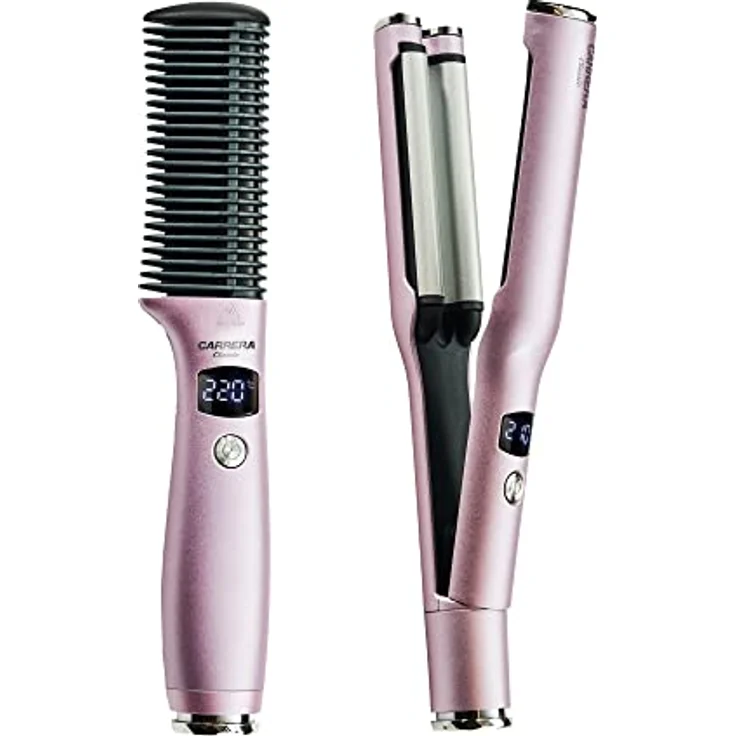 Carrera Set Glättbürste und Welleneisen – Neuheit: Kabel abnehmbar, Haarglätter Bürste, Keramikbeschichtung, Kreppeisen, Temperatur einstellbar, für Beach-Waves, Hause & Reisen - Flieder – Bild 1