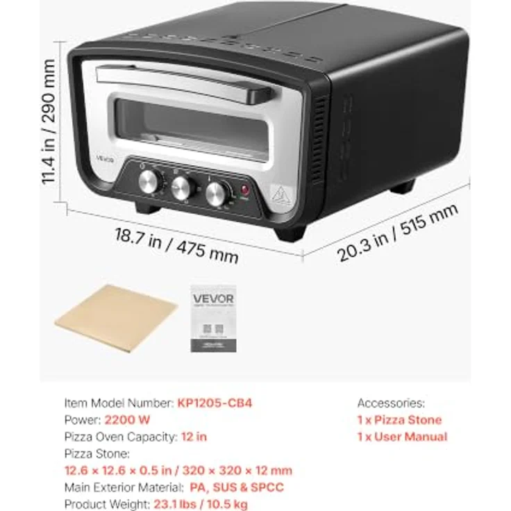 VEVOR Elektrischer Pizzaofen für Ø 30,5 cm (12 Zoll), 2200 W, 430 °C, Kaltgewalztes Stahl-Gehäuse, mit Pizzastein und separater Temperatur- und Zeitregelung – Bild 7
