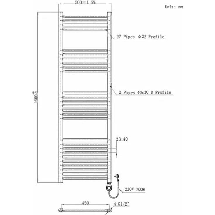 Belvit Elektrischer Badheizkörper 1600x500 mm, Gold Gebürstet, 700 W mit WiFi Thermostat und Smart Heizmodi – Bild 5