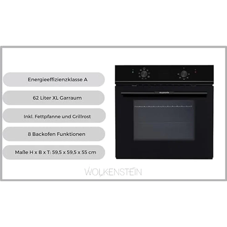 Wolkenstein Einbaubackofen WMO 70 XL 62L | 8 Backofenfunktionen | Eco & Grillfunktion | Inkl. Fettpfanne & Grillrost | Energieeffizenzklasse A – Bild 3