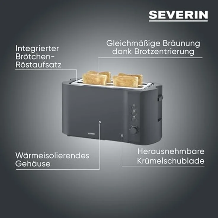 SEVERIN AT 2591 Langschlitz-Toaster für 4 Scheiben, 1.400 W, schwarz matt, mit Brötchenaufsatz und verschiedenen Aufwärmstufen – Bild 2