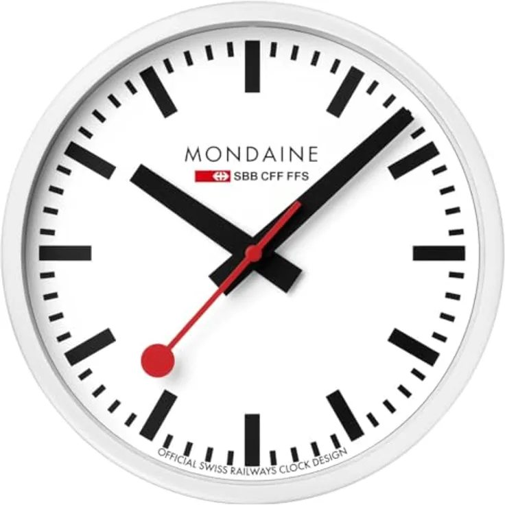 Mondaine Wanduhr A990.Clock.10SBB, Offizielle Schweizer Bahnhofsuhr in Weiß, Ø 25 cm, Quarzuhr mit schleichendem Sekundenzeiger, Aluminiumgehäuse, Swiss Made