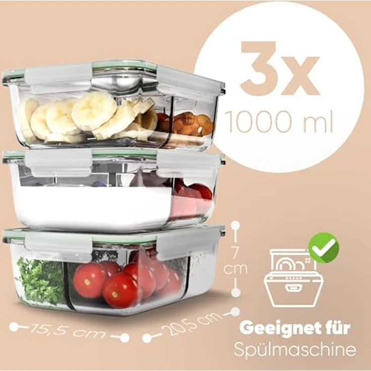 Classbach Meal Prep Boxen Glas mit Fächern | 3er Set |C-FHDM 4021 G, Glas-Frischhaltedosen – Bild 4
