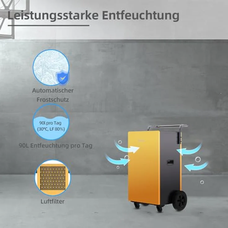 Be Cool Bautrockner/Luftentfeuchter 90l BC90LEF2202 – Metallgehäuse, Griff und Laufrollen, 700 m³/h Luftumwälzung, integr. Pumpe, schwarz/gelb – Bild 5