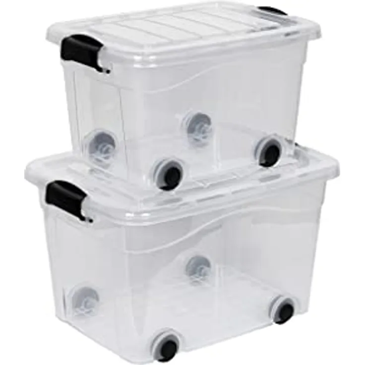 Kreher 2 Stück Rollboxen Set 20 und 40 Liter Volumen mit Deckel, Transparenter Ausführung aus robustem Kunststoff