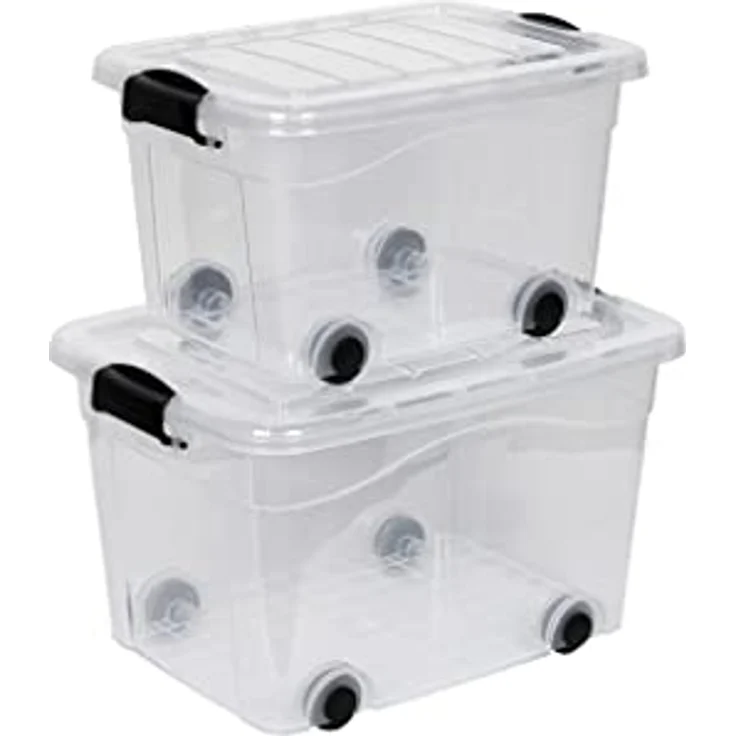 Kreher 2 Stück Rollboxen Set 20 und 40 Liter Volumen mit Deckel, Transparenter Ausführung aus robustem Kunststoff – Bild 1