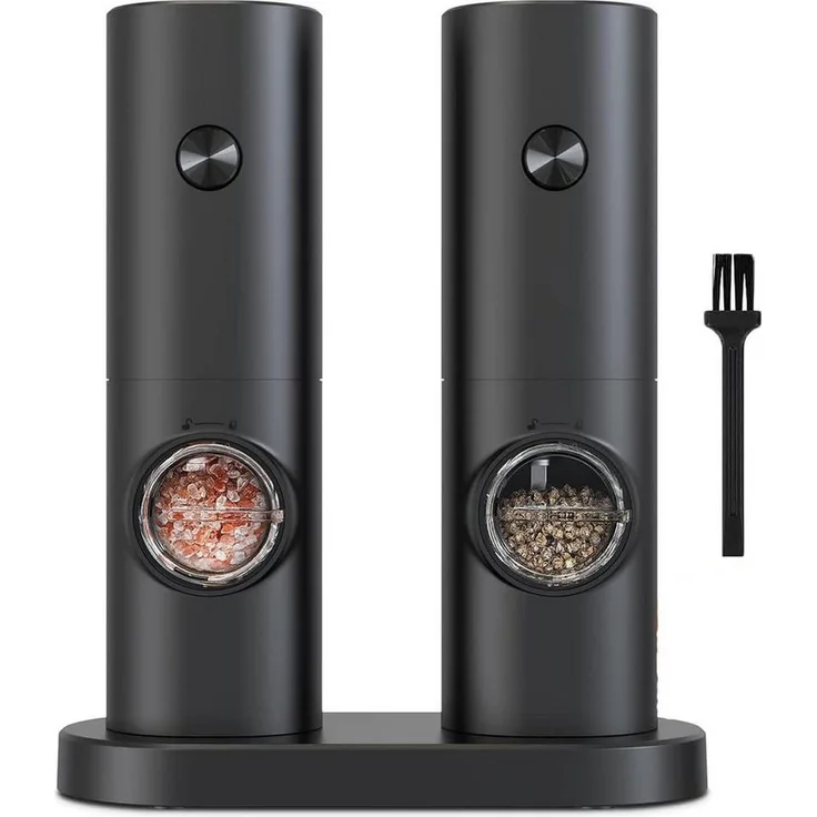 BlingBin Elektrische Salz- und Pfeffermühle Set, Automatisches Mahlen mit LED-Licht, Schwarz, 2 Stück, Keramikmahlwerk