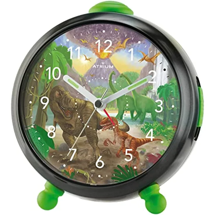 Atrium T-Rex Time Kinderwecker, Lautloser Quarzwecker in Schwarz Grün mit Licht und Snooze, 11,5 x 11 x 7 cm