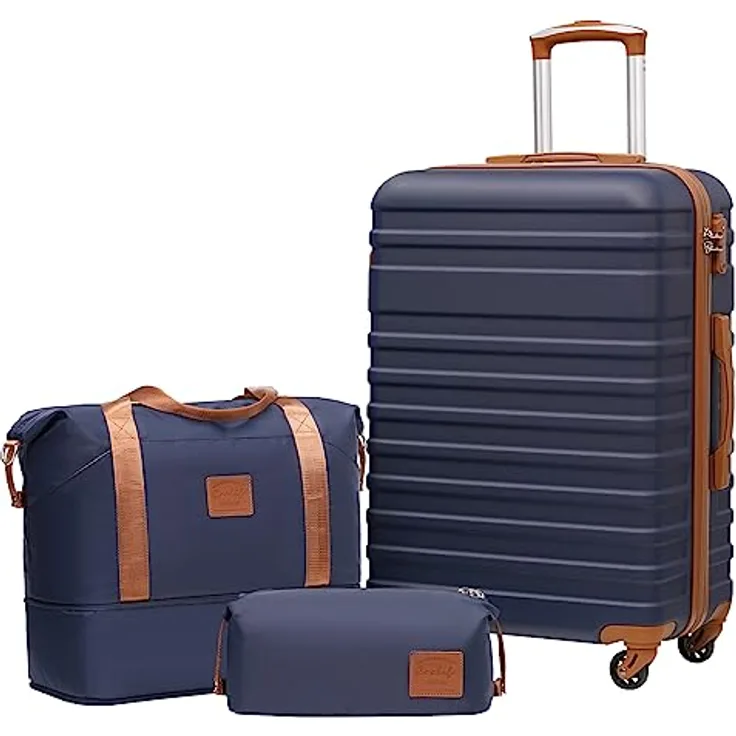 COOLIFE Koffer Trolley 3-teiliges Reisekoffer-Set aus ABS Hartschale mit 4 Rollen, TSA-Schloss, inklusive Reisetasche und Kulturbeutel, 67 cm, Schwarz