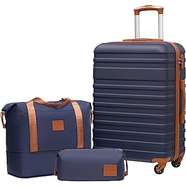 COOLIFE Koffer Trolley 3-teiliges Reisekoffer-Set aus ABS Hartschale mit 4 Rollen, TSA-Schloss, inklusive Reisetasche und Kulturbeutel, 67 cm, Schwarz – Bild 1