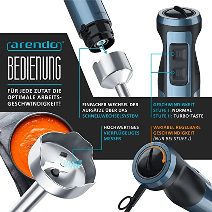 Arendo Stabmixer 1000 Watt Edelstahl Set - vierflügeliges Messer - Pürierstab - stufenlose Geschwindigkeitsregelung - Turbotaste - Abnehmbarer Mixfuß - GS-Zertifiziert - Blau – Bild 4