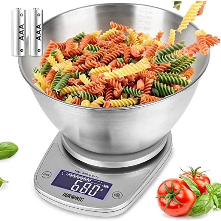 Duronic KS5000 SR/SS Küchenwaage | 5 kg Digitalwaage oval mit 2,5 L abnehmbarer Schüssel | 1 g grammgenau Präzision-Feinwaage | Haushaltswaage mit Tara-Funktion | Digitale Waage mit Hold-Funktion – Bild 1