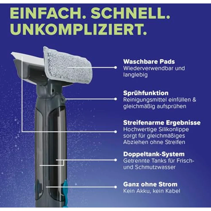 Lichterblitz Fensterreiniger 3-in-1 Sprühwischer Set, 6-teilig mit Teleskopstange und waschbaren Wischtüchern für streifenfreie Reinigung von Glasoberflächen – Bild 5
