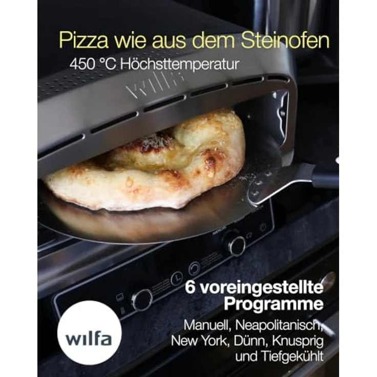 WILFA Crust PO2B-E2200, Elektrischer Pizzaofen mit 2200 W, max. 450 °C und 13-Zoll-Pizzastein, 20 Liter Kapazität mit 6 voreingestellten Programmen – Bild 4