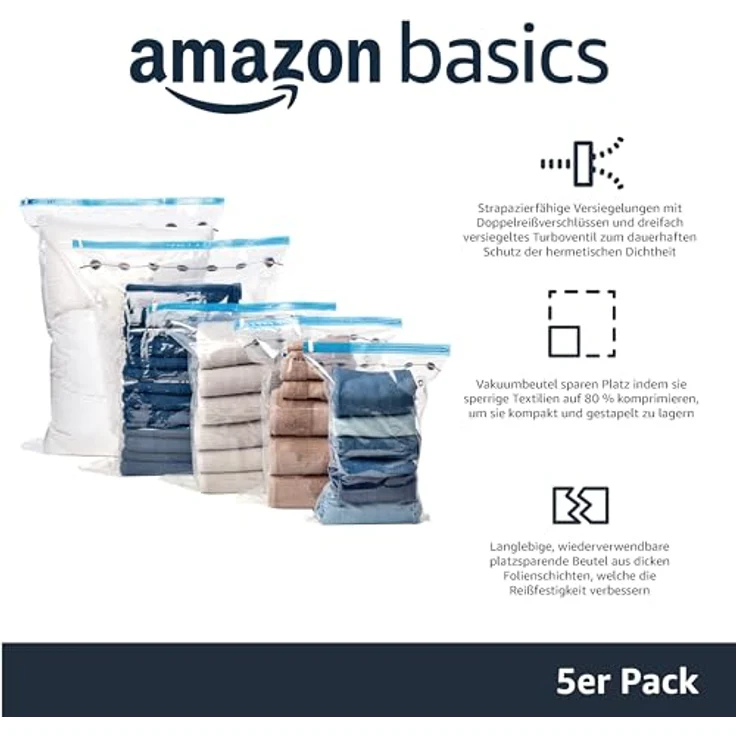 Amazon Basics Vakuumbeutel für Kleidung, 5er-Pack groß mit luftdichtem Ventil und Handpumpe, transparent, platzsparend und reißfest – Bild 2