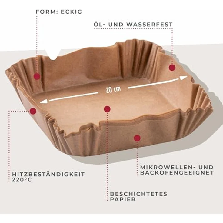 Fackelmann Backpapier für Heißluftfritteuse, 20 x 20 cm, 40-teilig, öl- und wasserfest, hitzebeständig bis 220°C, mikrowellen- und backofengeeignet – Bild 3