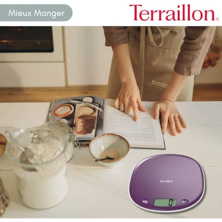Terraillon Küchenwaage, Mit Tara-Funktion, Flüssigkeitsanzeige, Griffaussparung, Bis 5 kg, Macaron, Pflaumenfarben – Bild 4