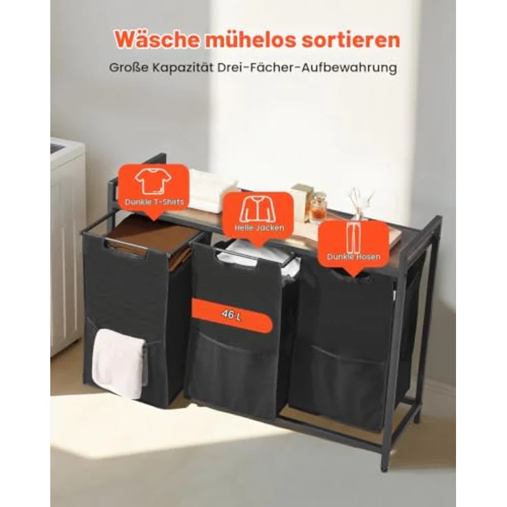 VEVOR Wäschekorb Wäschesammler mit Holztischplatte, 3 ausziehbare Beutel aus 600D Oxford Stoff, Metallrahmen, Wäsche-Sortiersystem für schmutzige Kleidung, schwarz – Bild 3